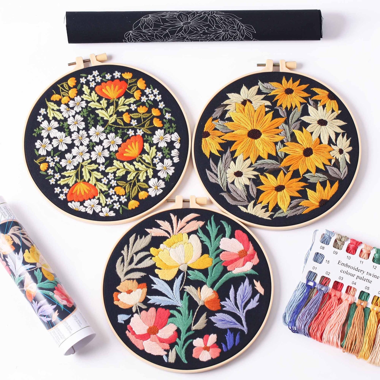 3 パック刺繍スターターキット、パターンと説明書付き、DIY 大人クロスステッチ キット初心者、プラスチック刺繍リング 3 個、はさみ 1 個、カラー糸、針を含む - Mybeaddiy