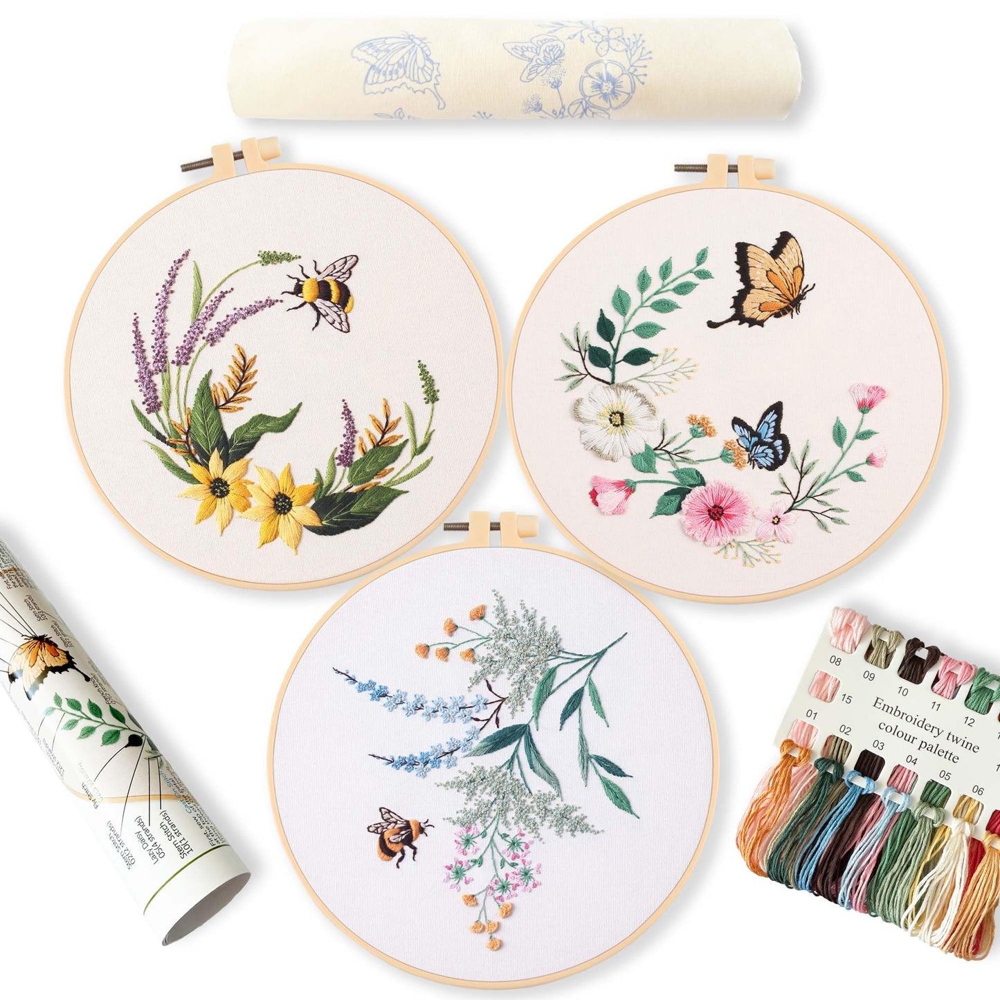 3 パック刺繍スターターキット、パターンと説明書付き、DIY 大人クロスステッチ キット初心者、プラスチック刺繍リング 3 個、はさみ 1 個、カラー糸、針を含む - Mybeaddiy