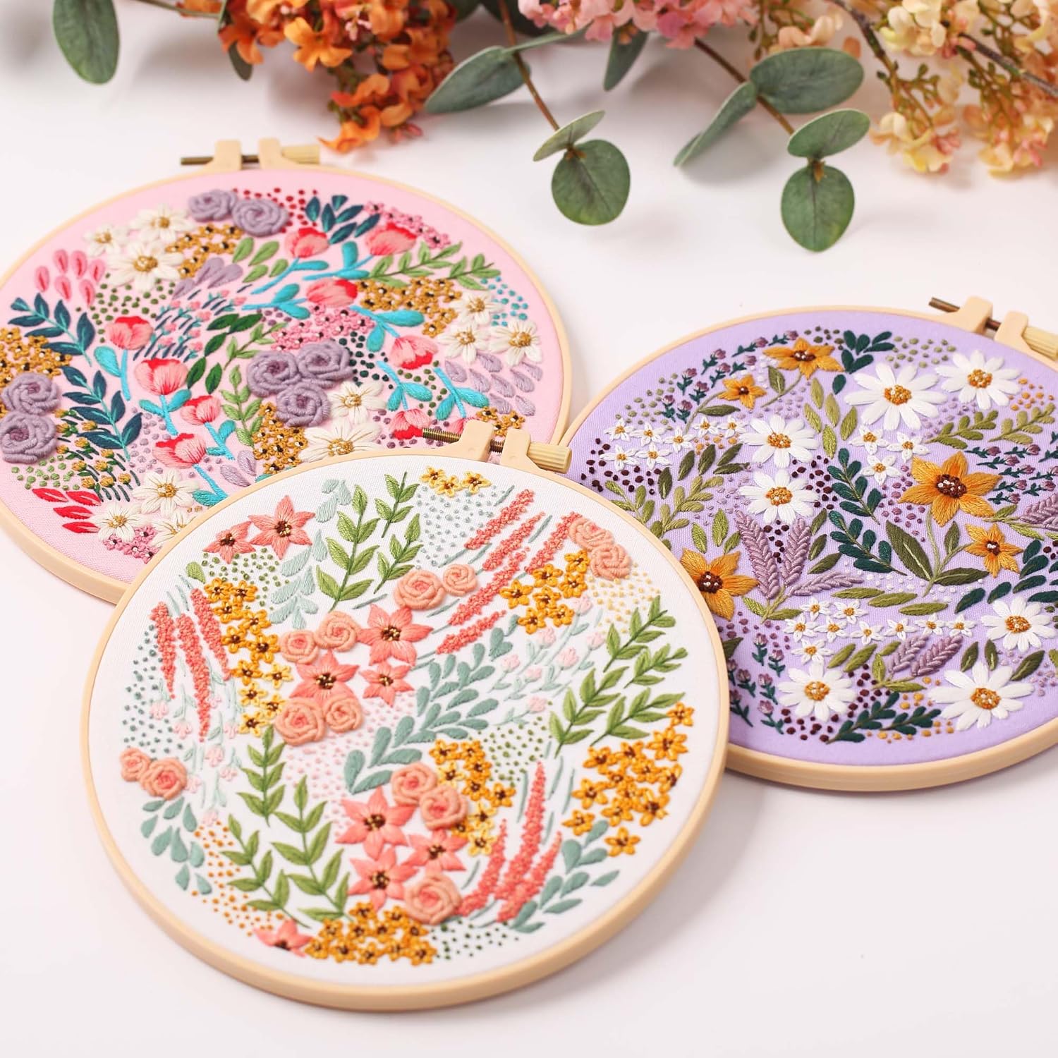 3 パック刺繍スターターキット、パターンと説明書付き、DIY 大人クロスステッチ キット初心者、プラスチック刺繍リング 3 個、はさみ 1 個、カラー糸、針を含む - Mybeaddiy