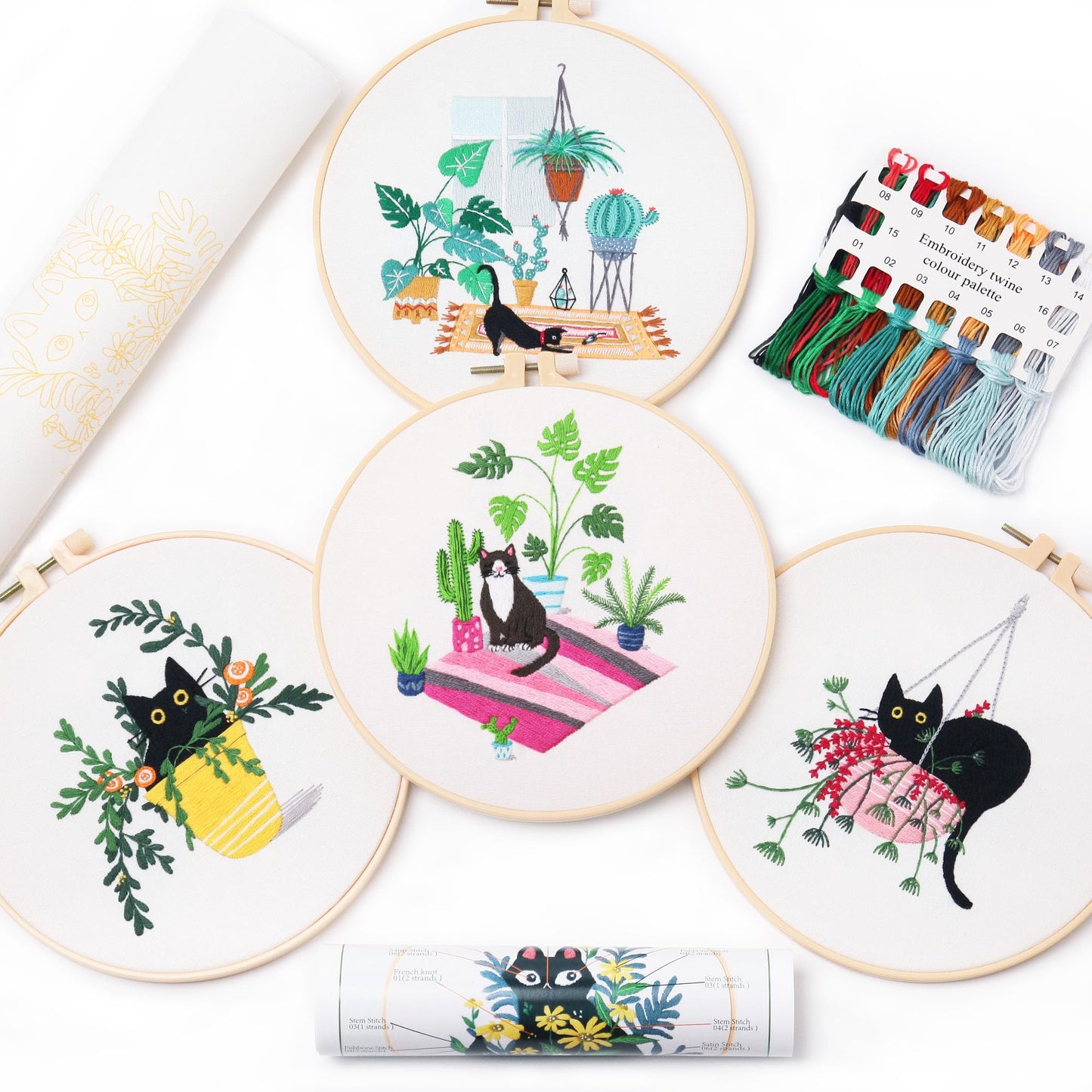 3 パック刺繍スターターキット、パターンと説明書付き、DIY 大人クロスステッチ キット初心者、プラスチック刺繍リング 3 個、はさみ 1 個、カラー糸、針を含む - Mybeaddiy
