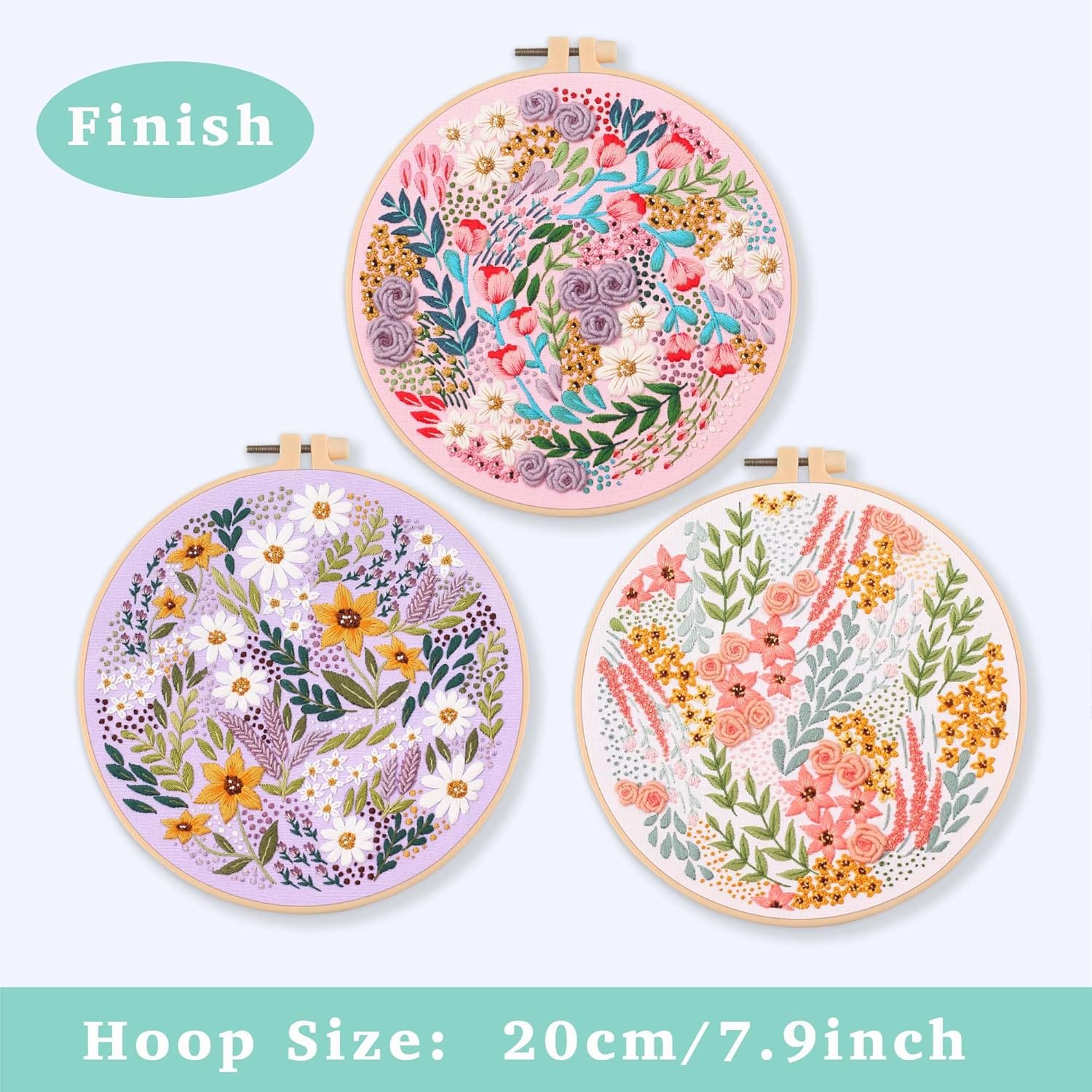 3 パック刺繍スターターキット、パターンと説明書付き、DIY 大人クロスステッチ キット初心者、プラスチック刺繍リング 3 個、はさみ 1 個、カラー糸、針を含む - Mybeaddiy