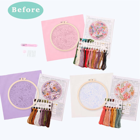 3 パック刺繍スターターキット、パターンと説明書付き、DIY 大人クロスステッチ キット初心者、プラスチック刺繍リング 3 個、はさみ 1 個、カラー糸、針を含む - Mybeaddiy