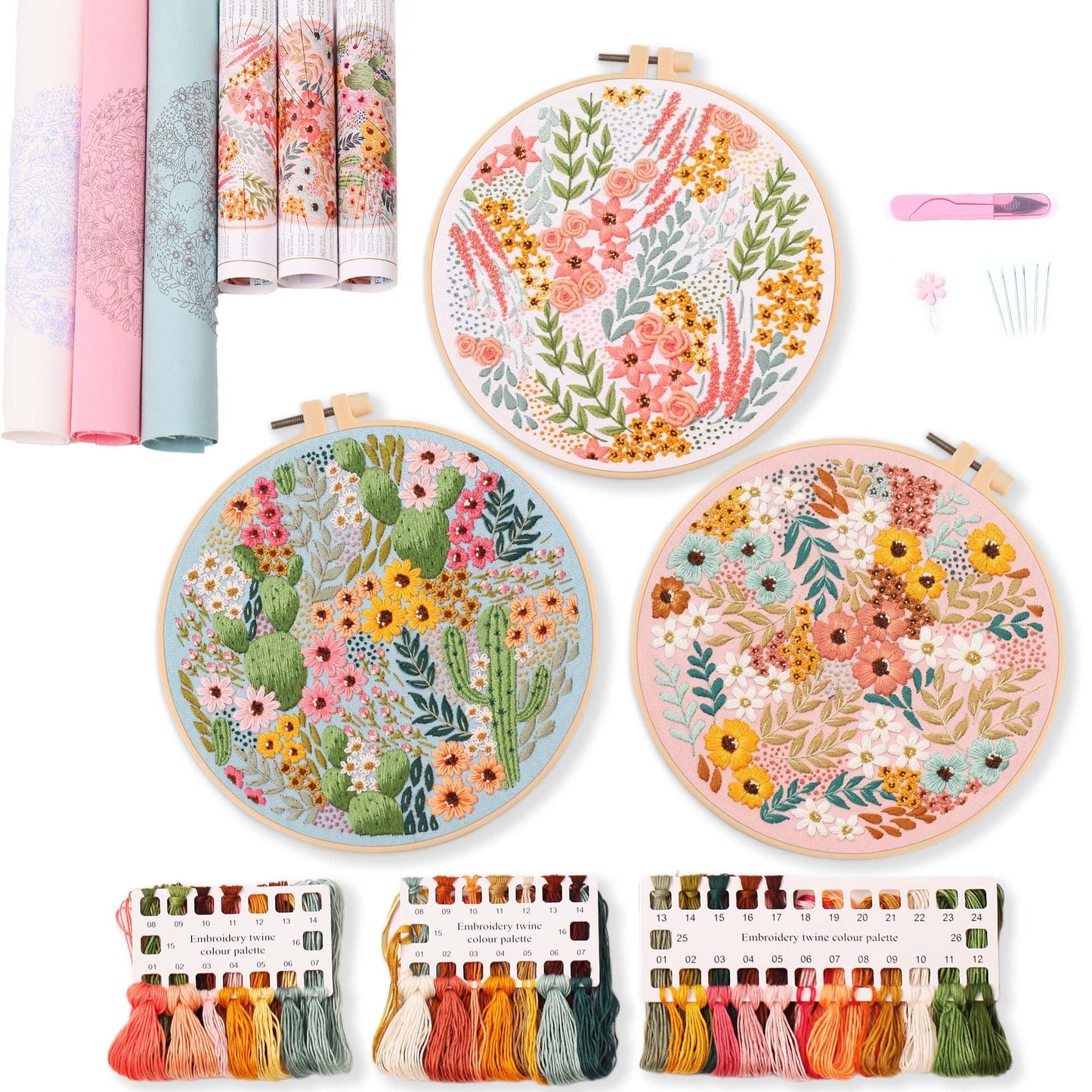 3 パック刺繍スターターキット、パターンと説明書付き、DIY 大人クロスステッチ キット初心者、プラスチック刺繍リング 3 個、はさみ 1 個、カラー糸、針を含む - Mybeaddiy