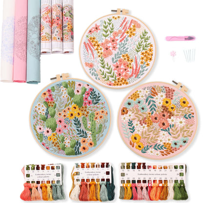 3 パック刺繍スターターキット、パターンと説明書付き、DIY 大人クロスステッチ キット初心者、プラスチック刺繍リング 3 個、はさみ 1 個、カラー糸、針を含む - Mybeaddiy