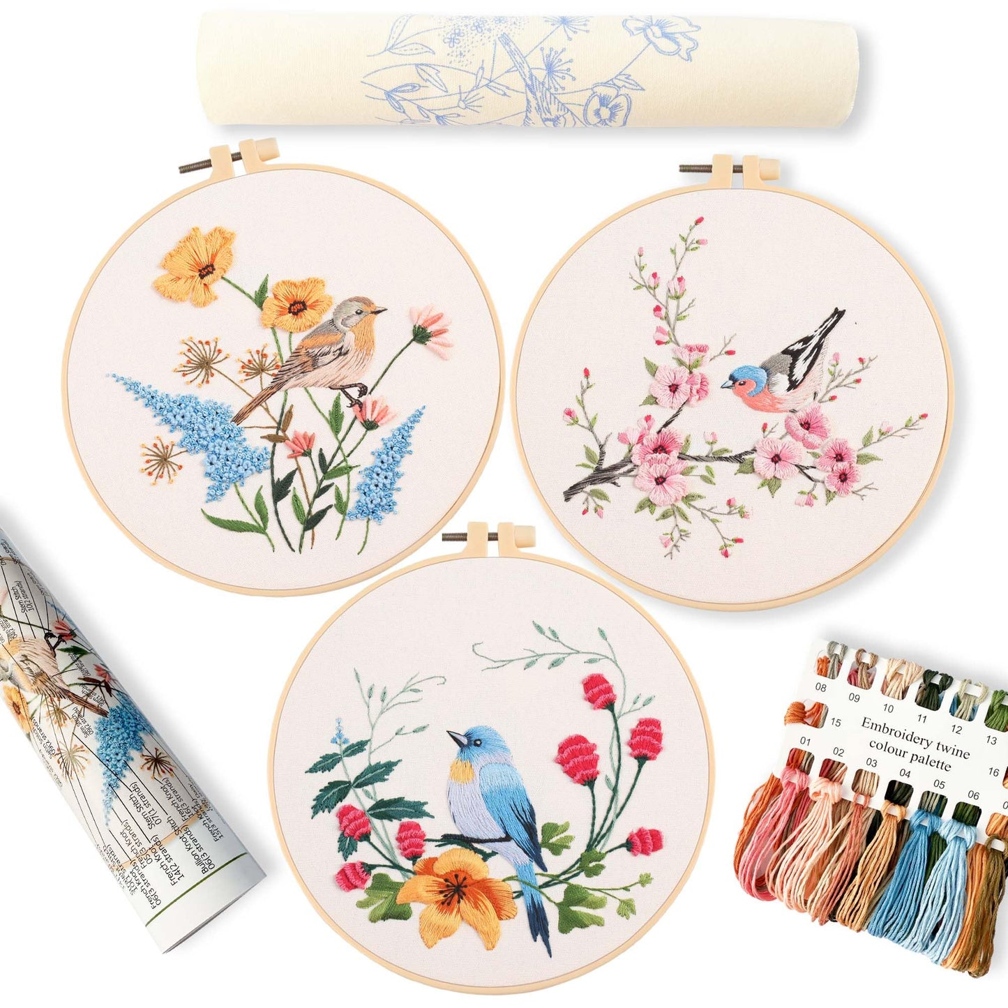 3 パック刺繍スターターキット、パターンと説明書付き、DIY 大人クロスステッチ キット初心者、プラスチック刺繍リング 3 個、はさみ 1 個、カラー糸、針を含む - Mybeaddiy
