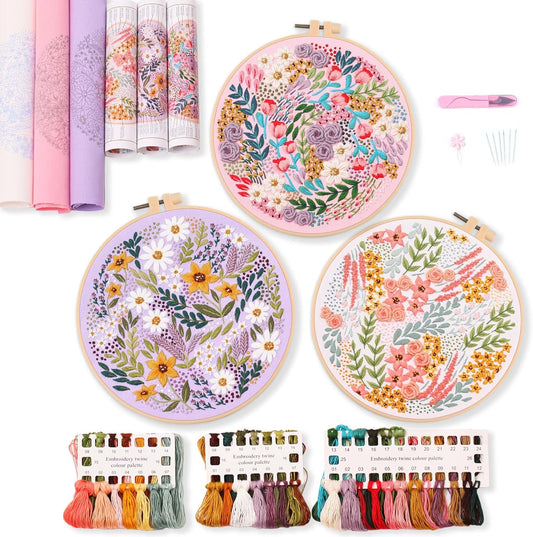 3 パック刺繍スターターキット、パターンと説明書付き、DIY 大人クロスステッチ キット初心者、プラスチック刺繍リング 3 個、はさみ 1 個、カラー糸、針を含む - Mybeaddiy