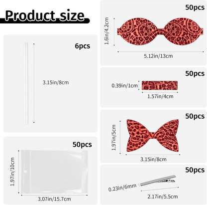 50セット【ランダムカラー リボン DIY キット 初心者用、カット済みフェイクレザーヘアボーは、印刷/キラキラ/エンボス/テクスチャ生地が含まれています、ワニ口クリップ付き、女性用女の子用ハンドメイドギフト - Mybeaddiy